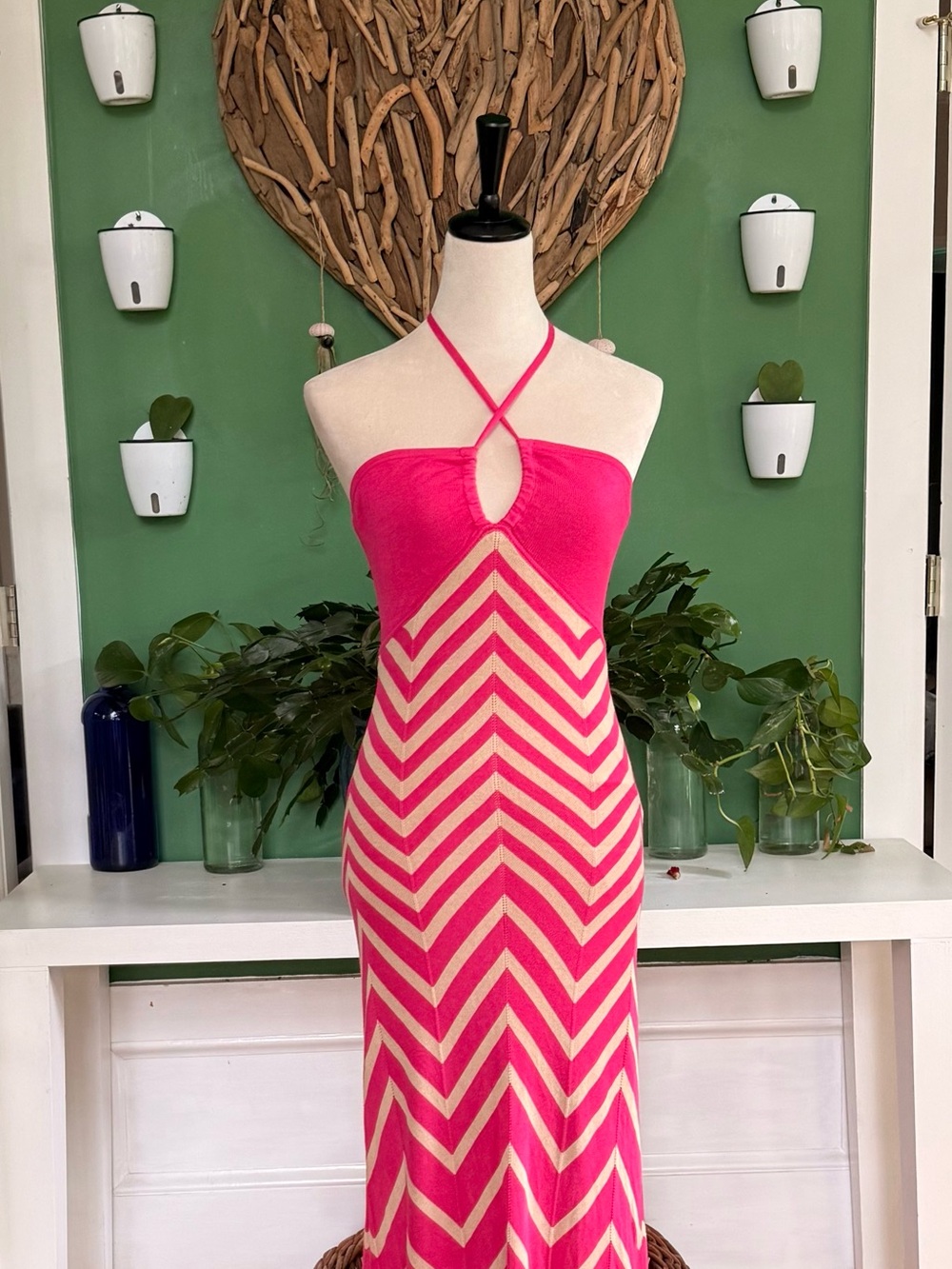 bebe Pink and Cream Chevron Halter Maxi Dress